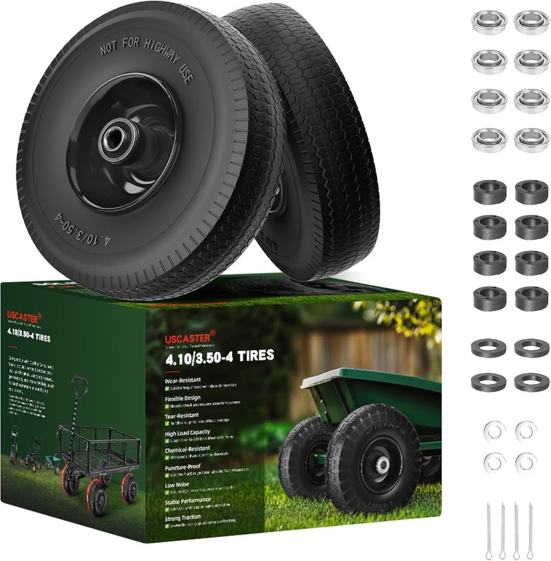 uscaster 4.10/3.50-4 Tire and Wheel Flat Free,10-Inch Solid Wheel Replacement with 5/8 Extra 3/4 &1/2 Bearings,2.2" Offset Hub -Compatible with Hand Truck,Wheelbarrow,Dolly(Wave,Black) - Image 1